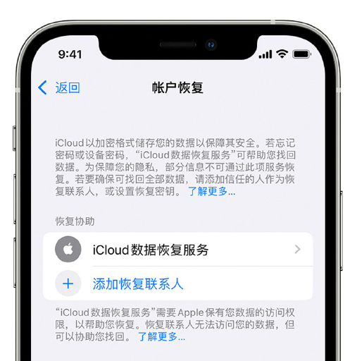 浪卡子苹果手机维修分享在 iPhone 上设置帐户恢复联系人的方法 